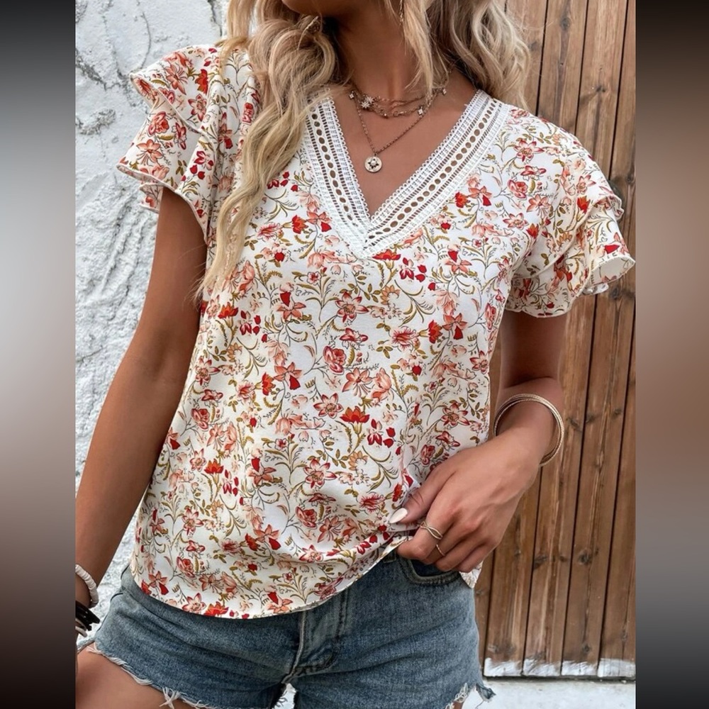 Floral V-Neck Blouse - Cream and Red - Picture 7 of 7